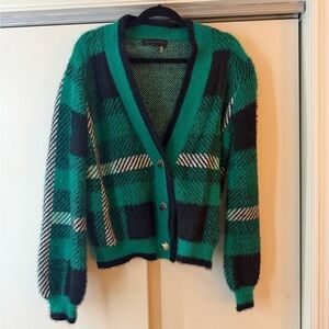 English Factory Green and Black Plaid V-Neck Button Cardigan
